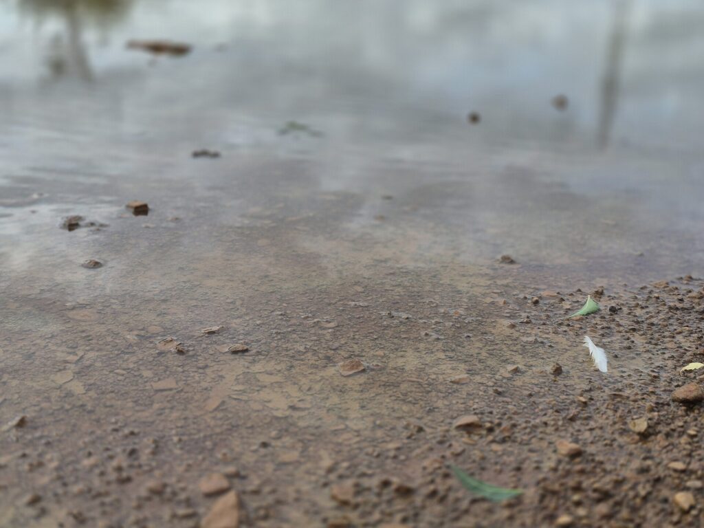 Água rasa e barrenta sobre chão de cascalho, vista de perto