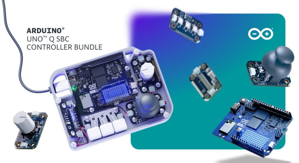 Arte de divulgação do Arduino UNO Q SBC Controller Bundle: a placa UNO Q dentro de um gabinete impresso em 3D com botões, joystick, botão giratório e LEDs, e os módulos Modulino soltos ao redor