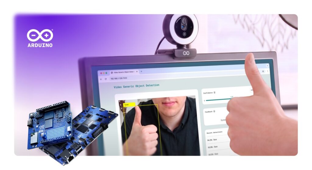 Arduino USB Camera presa a um monitor, com placas UNO Q e VENTUNO Q em destaque