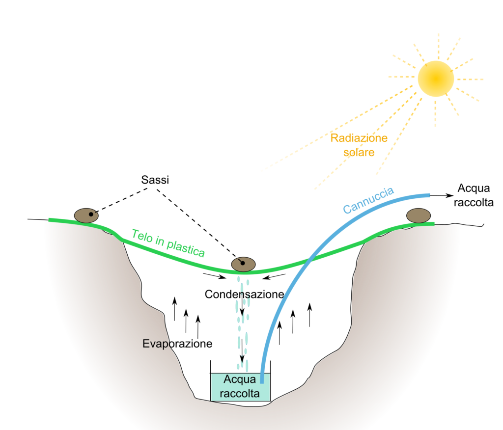 Diagrama de destilador solar em buraco no chão: o sol evapora a umidade, o vapor condensa sob o plástico e pinga num recipiente no centro