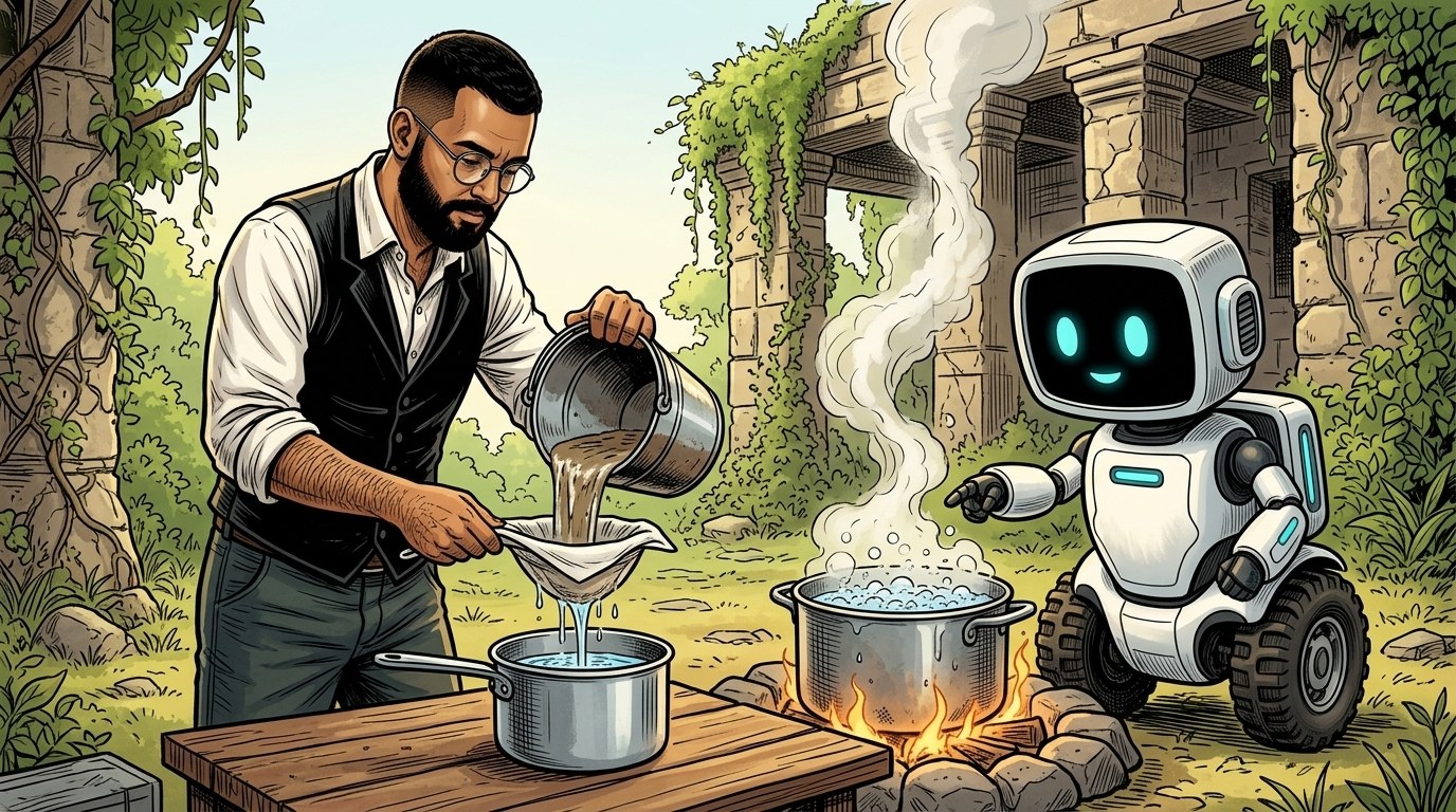 Ilustração em estilo HQ: Tio Lu coa água barrenta num pano enquanto o robô Eko aponta para uma panela fervendo na fogueira, entre ruínas cobertas de vegetação. Ilustração: RealCraft/Tio Lu, gerada por IA