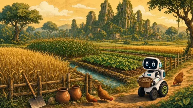 Campo de trigo e canteiros irrigados por um canal, cerca de madeira, abóboras e o robô Eko com um carrinho de mão