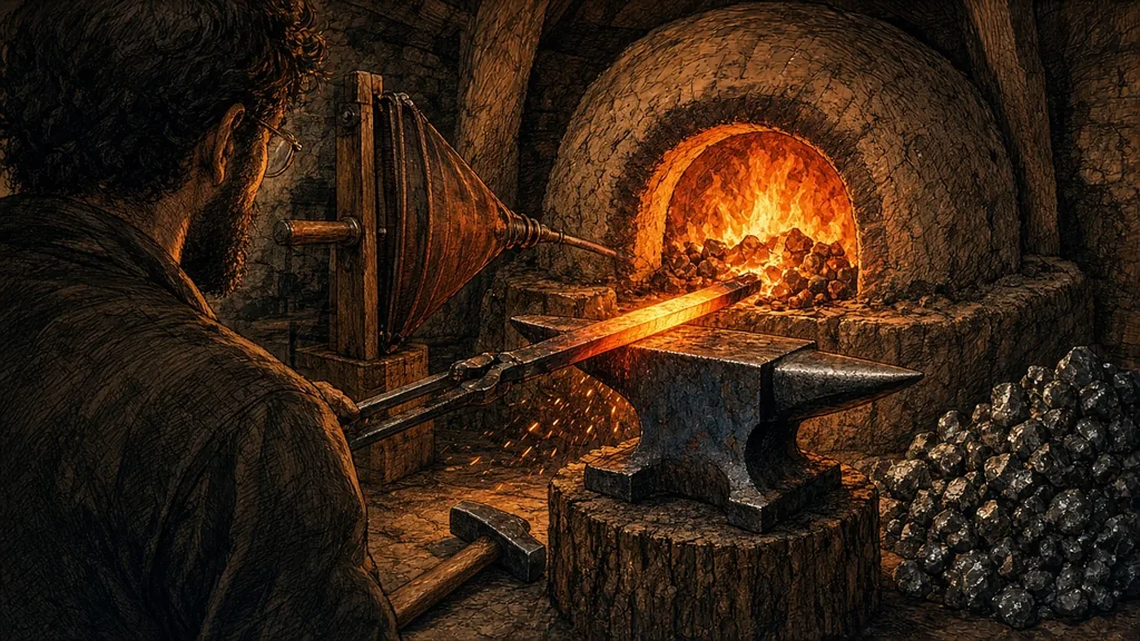 Forja com fornalha acesa, bigorna, metal incandescente sendo martelado e pilha de minério. Ilustração: RealCraft/Tio Lu, gerada por IA