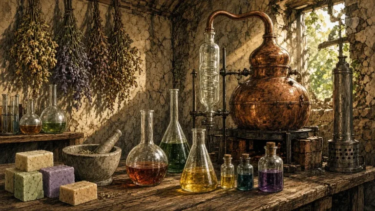 Laboratório rústico com alambique de cobre, frascos de vidro, pilão, barras de sabão e ervas secando