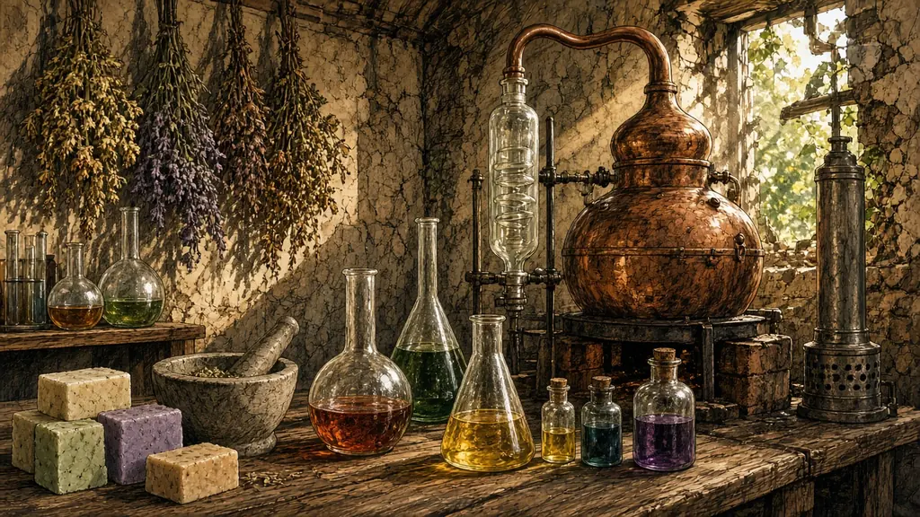 Laboratório rústico com alambique de cobre, frascos de vidro, pilão, barras de sabão e ervas secando. Ilustração: RealCraft/Tio Lu, gerada por IA