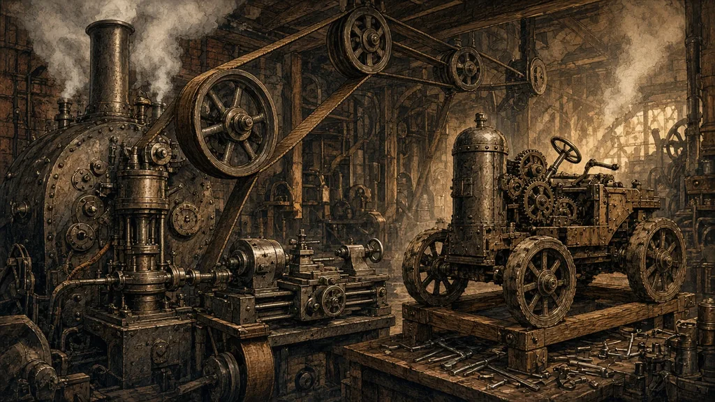 Oficina com máquina a vapor, engrenagens, polias e um trator antigo. Ilustração: RealCraft/Tio Lu, gerada por IA