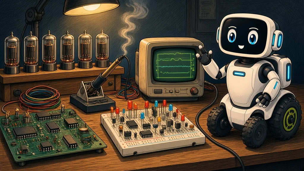 Bancada de eletrônica com válvulas, placa de circuito, protoboard com componentes, monitor antigo e o robô Eko. Ilustração: RealCraft/Tio Lu, gerada por IA
