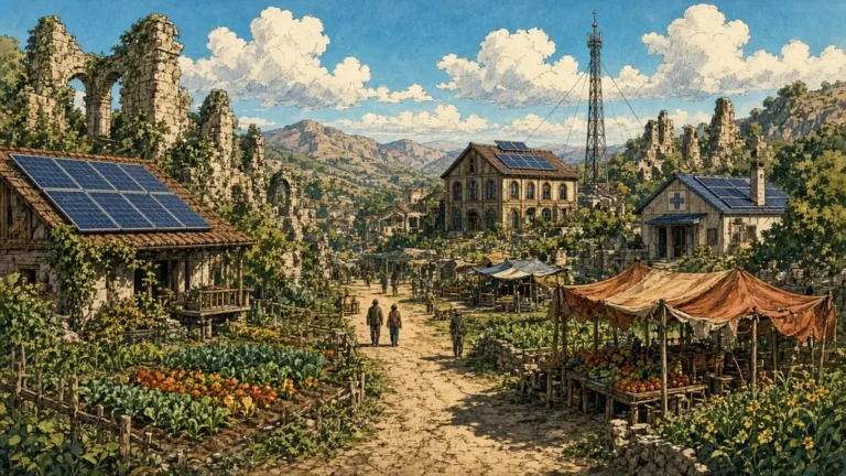 Vila com casas, painéis solares, hortas, mercado com toldos e pessoas caminhando, montanhas ao fundo