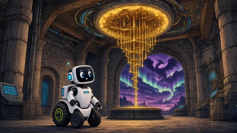 Salão de pedra com um computador quântico dourado suspenso como um lustre, aurora roxa ao fundo e o robô Eko