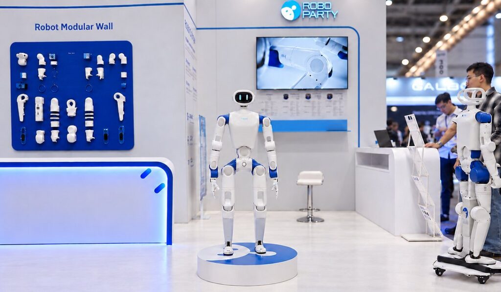 Robô humanoide branco e azul RP1 exposto sobre uma base redonda no estande da RoboParty na IROS 2026